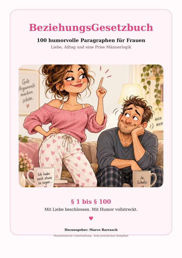 Cover des BeziehungsGesetzbuchs: Sie hebt den Zeigefinger, er nickt auf dem Sofa